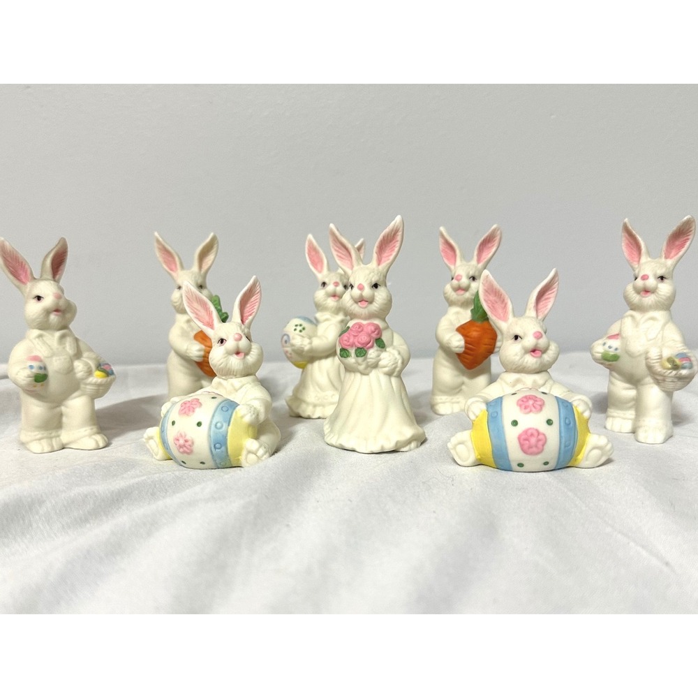 Easter Bunny Figurine Set White Excellent Bisque Ceramic 8pc Cottagecore Retro